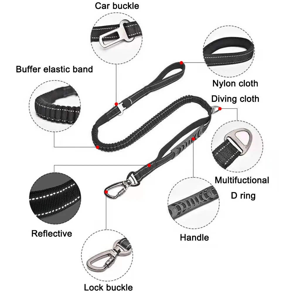 PAWS ASIA Factory Luxury Reflective Elastic Retractable Training Dog Leash With Pet Car Seat Belt Buckle