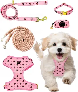 Premium No-Pull Dog Harness 5-Piece Set with Matching Hands Free Rope Leash, Collar, Leash & Poop Bag Dispenser (Large, 24-44 Lbs, Pink)