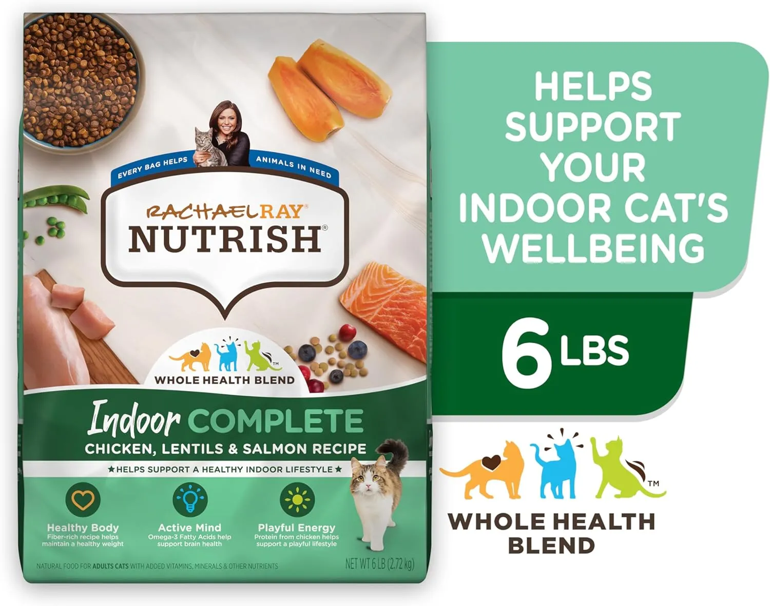 Rachael Ray Nutrish Indoor Complete Premium Natural Dry Cat Food, Chicken with Lentils & Salmon Recipe, 6 Pounds (Packaging May Vary)