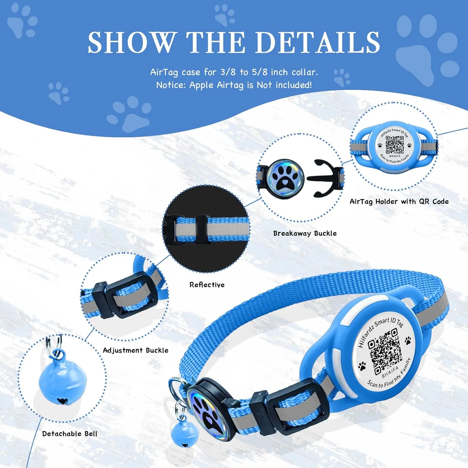 Reflective Airtag Cat Collar, Lightweight Breakaway with Hidden GPS Tracker & QR ID Tag, Safety & Peace of Mind for Cats & Kittens (Blue)