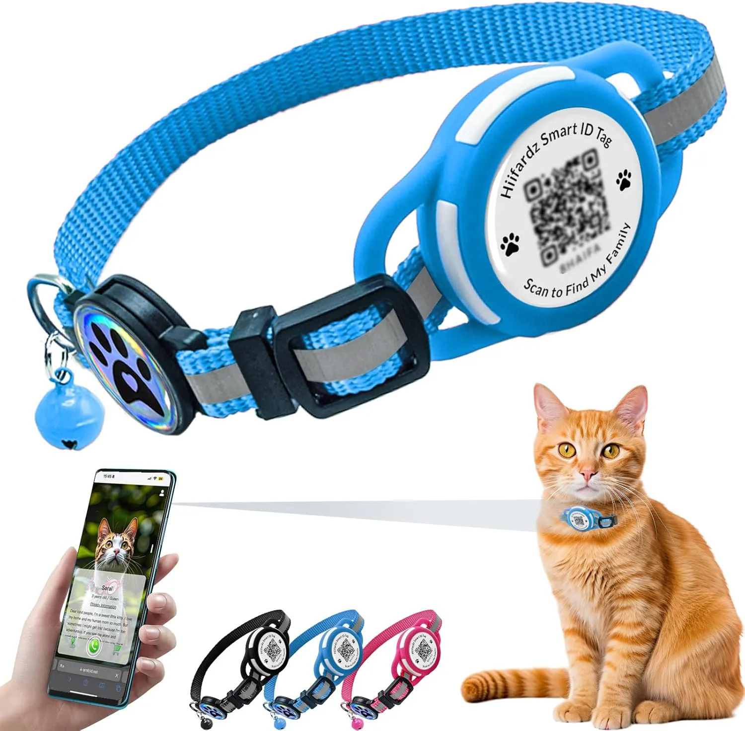 Reflective Airtag Cat Collar, Lightweight Breakaway with Hidden GPS Tracker & QR ID Tag, Safety & Peace of Mind for Cats & Kittens (Blue)