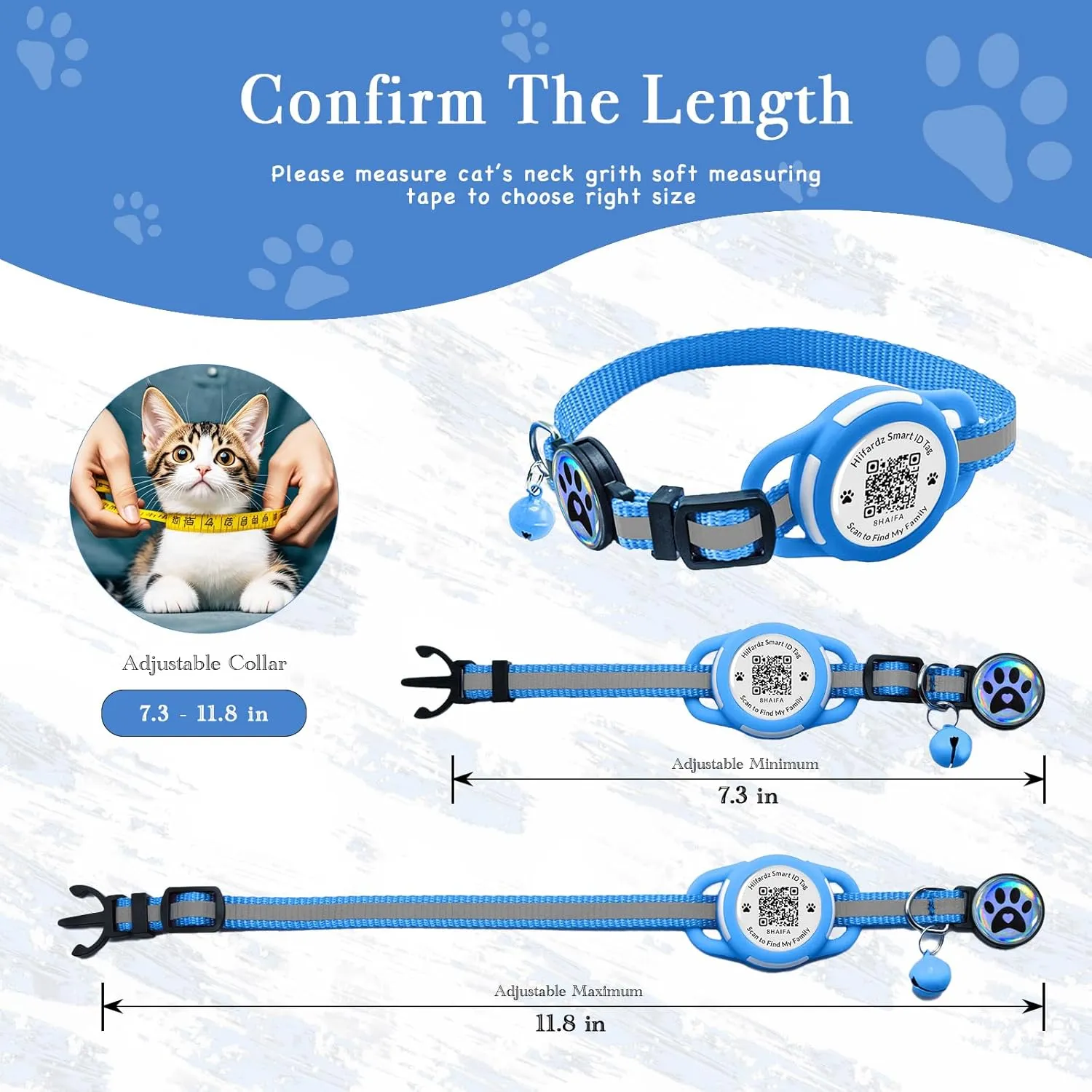 Reflective Airtag Cat Collar, Lightweight Breakaway with Hidden GPS Tracker & QR ID Tag, Safety & Peace of Mind for Cats & Kittens (Blue)