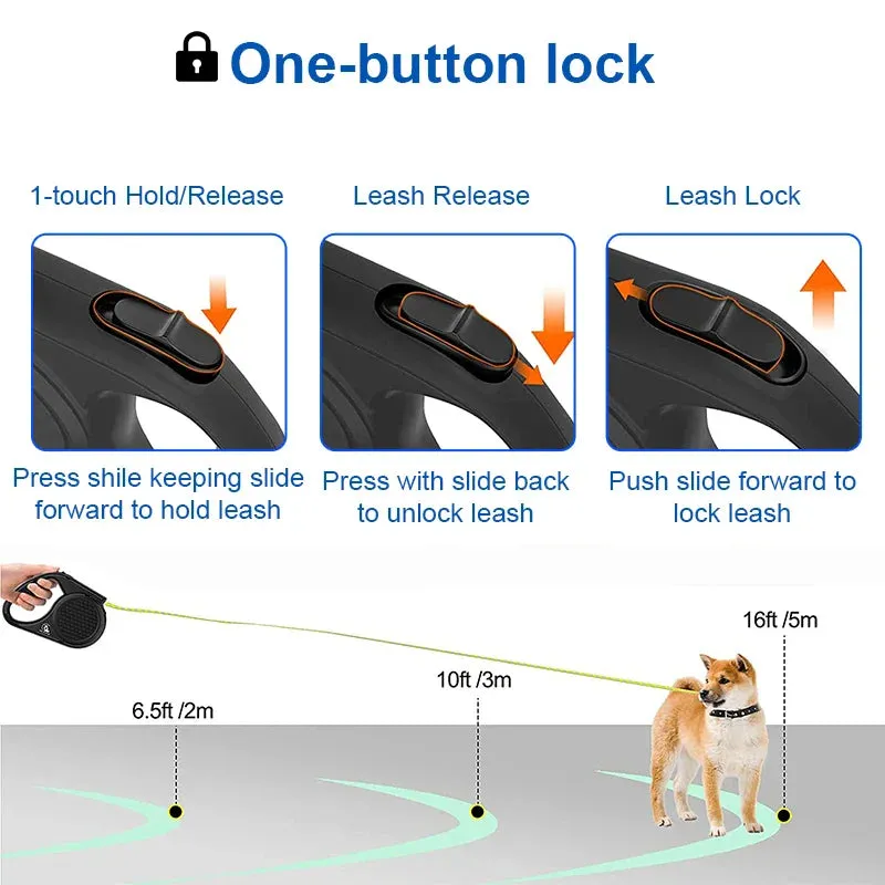 Retractable Dog Leash with Reflective Strip - 5m, for Dogs up to 20kg