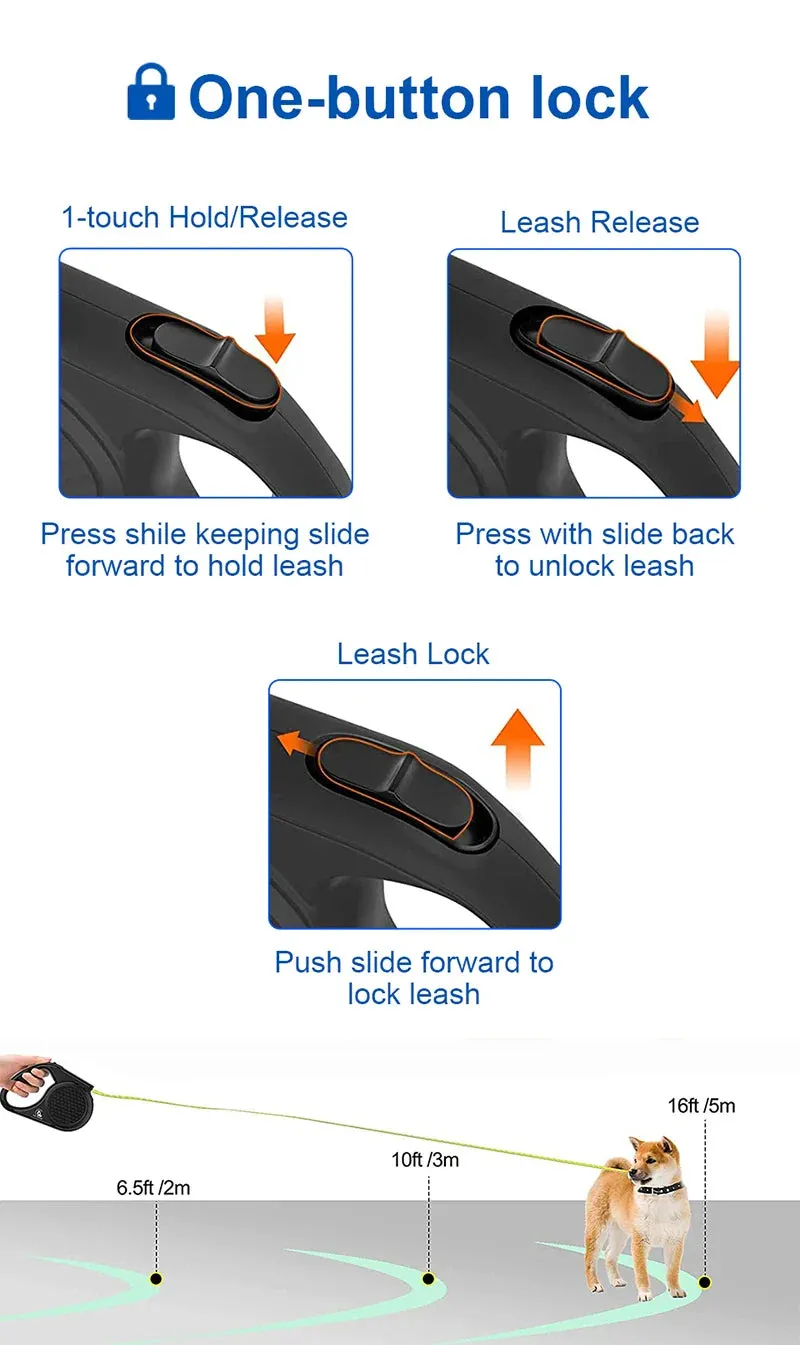 Retractable Dog Leash with Reflective Strip - 5m, for Dogs up to 20kg