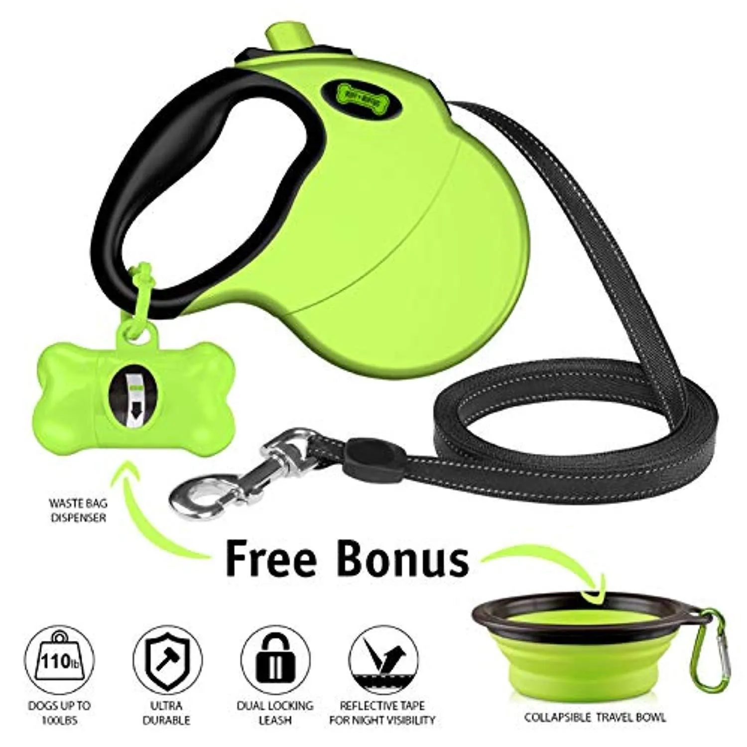 Ruff 'n Ruffus Retractable Dog Leash with Free Waste Bag Dispenser and Bags   Bonus Bowl | Heavy-Duty 16ft Retracting Pet Leash | 1-Button Control | Durable