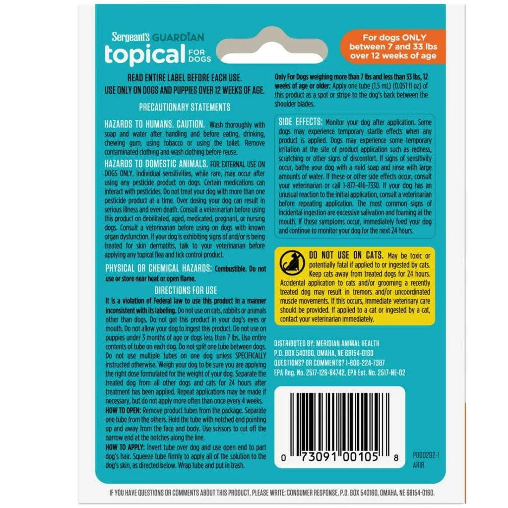 Sergeant's Guardian Flea & Tick Topical for Dogs, 7 lbs and 33 lbs, 3-month supply