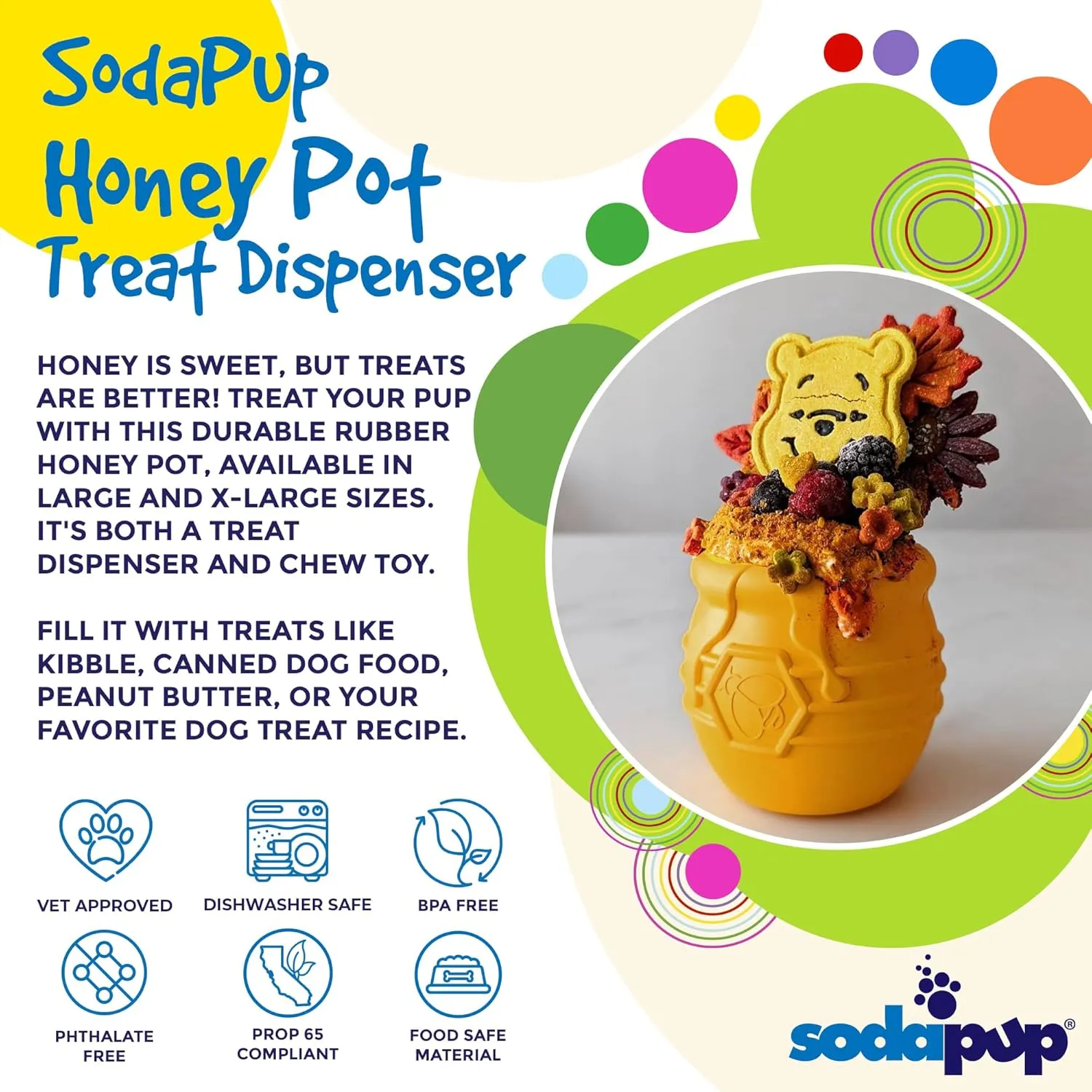 SodaPup Honey Pot  Durable Dog Treat Dispenser & Enrichment Toy Made in USA from Non-Toxic, Pet Safe, Food Safe Natural Rubber Material for Mental Stimulation, Problem Chewing, Calming Nerves, & More