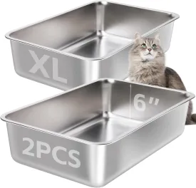 Stainless Steel Cat Litter Box 2 Pack-Large Metal Litter Box High Sided Litter Pan for Adult Big Cats, Stainless Steel Boxes 6IN Deep, Metal Pet Toilet Easy to Clean,Non Stick, No Smell
