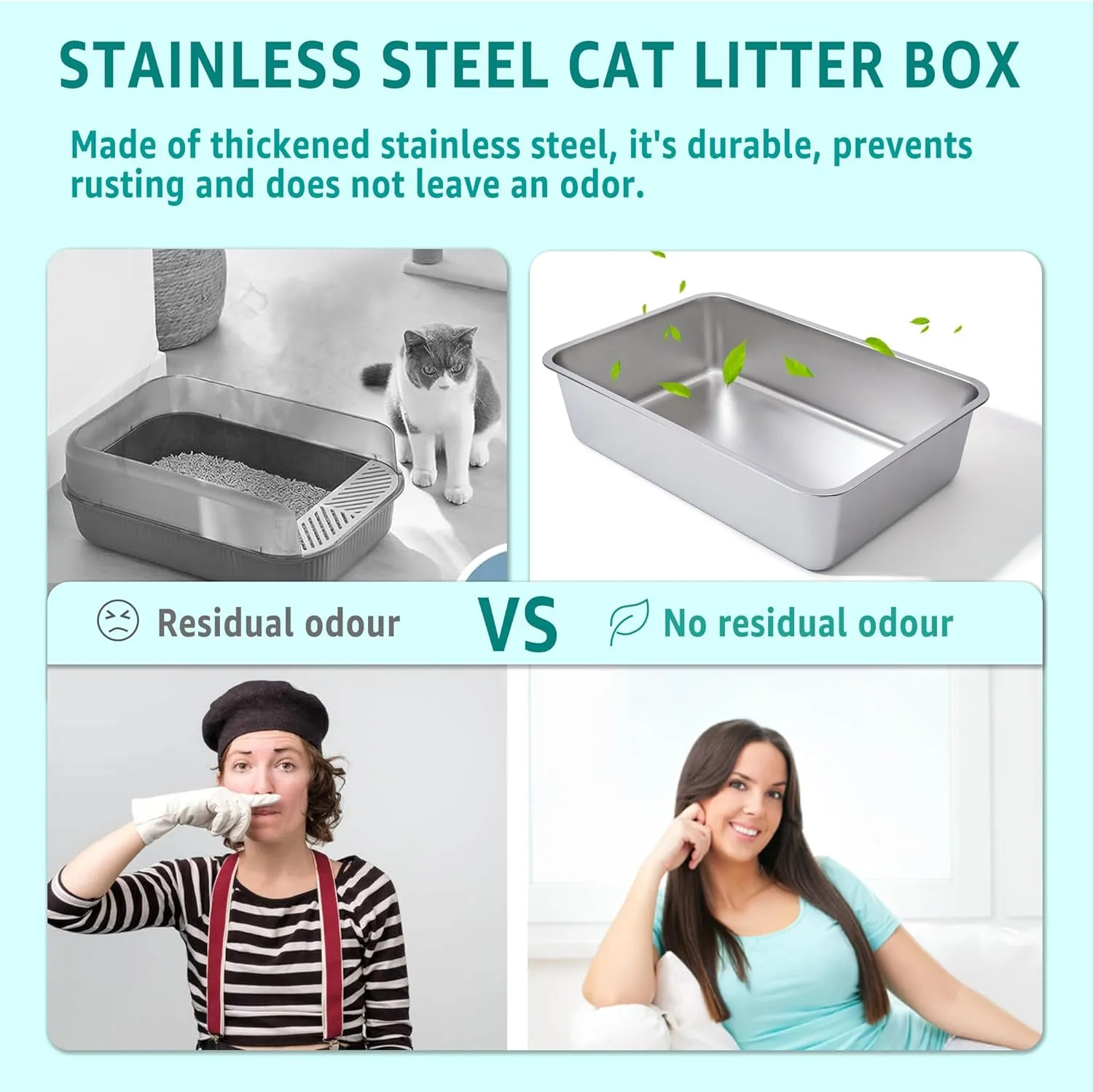 Stainless Steel Cat Litter Box 2 Pack-Large Metal Litter Box High Sided Litter Pan for Adult Big Cats, Stainless Steel Boxes 6IN Deep, Metal Pet Toilet Easy to Clean,Non Stick, No Smell
