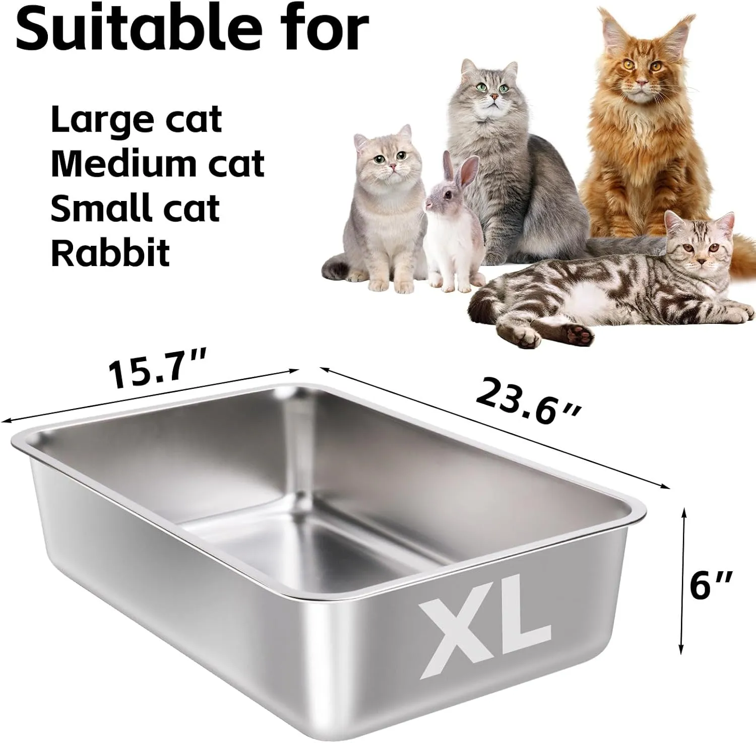 Stainless Steel Cat Litter Box 2 Pack-Large Metal Litter Box High Sided Litter Pan for Adult Big Cats, Stainless Steel Boxes 6IN Deep, Metal Pet Toilet Easy to Clean,Non Stick, No Smell