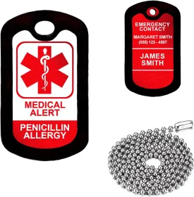 Stark Industries Red Medical Alert - Penicillin Allergy - Customized Aluminum Medical ID Tag with 24" Stainless Steel Necklace - Made in USA