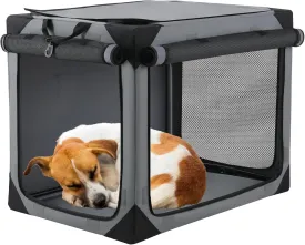 TLSUNNY Portable Soft Dog Crate, Collapsible Travel Dog Crates for Medium/Large Dogs, Foldable 4-Door Dog Kennel w/Mesh Windows, Soft Mat, Carrying Bag, Indoor & Outdoor Use (Grey, 36" x 24.4")