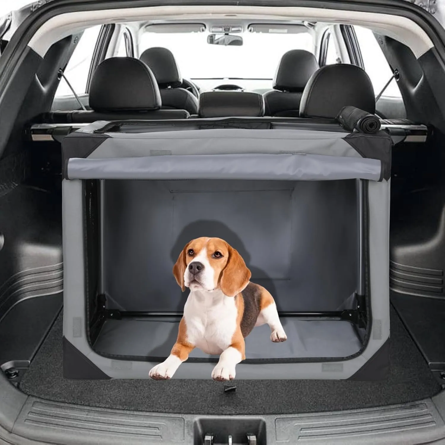 TLSUNNY Portable Soft Dog Crate, Collapsible Travel Dog Crates for Medium/Large Dogs, Foldable 4-Door Dog Kennel w/Mesh Windows, Soft Mat, Carrying Bag, Indoor & Outdoor Use (Grey, 36" x 24.4")