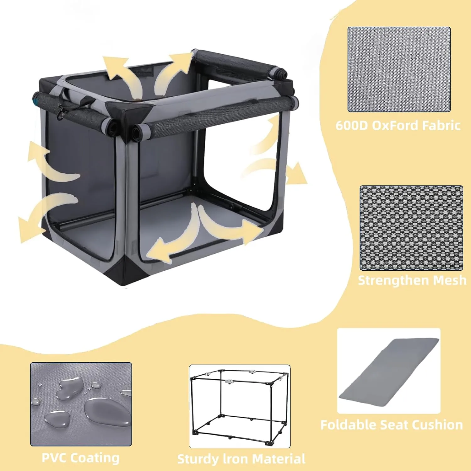TLSUNNY Portable Soft Dog Crate, Collapsible Travel Dog Crates for Medium/Large Dogs, Foldable 4-Door Dog Kennel w/Mesh Windows, Soft Mat, Carrying Bag, Indoor & Outdoor Use (Grey, 36" x 24.4")