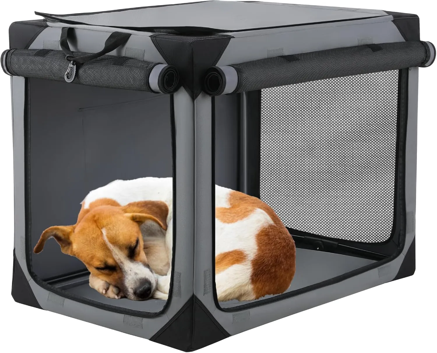 TLSUNNY Portable Soft Dog Crate, Collapsible Travel Dog Crates for Medium/Large Dogs, Foldable 4-Door Dog Kennel w/Mesh Windows, Soft Mat, Carrying Bag, Indoor & Outdoor Use (Grey, 36" x 24.4")