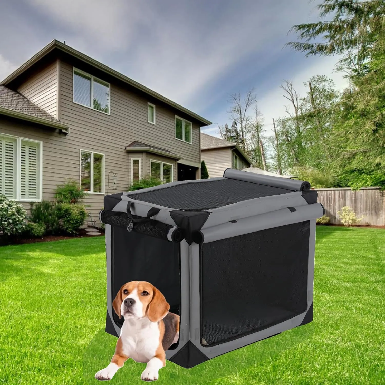 TLSUNNY Portable Soft Dog Crate, Collapsible Travel Dog Crates for Medium/Large Dogs, Foldable 4-Door Dog Kennel w/Mesh Windows, Soft Mat, Carrying Bag, Indoor & Outdoor Use (Grey, 36" x 24.4")