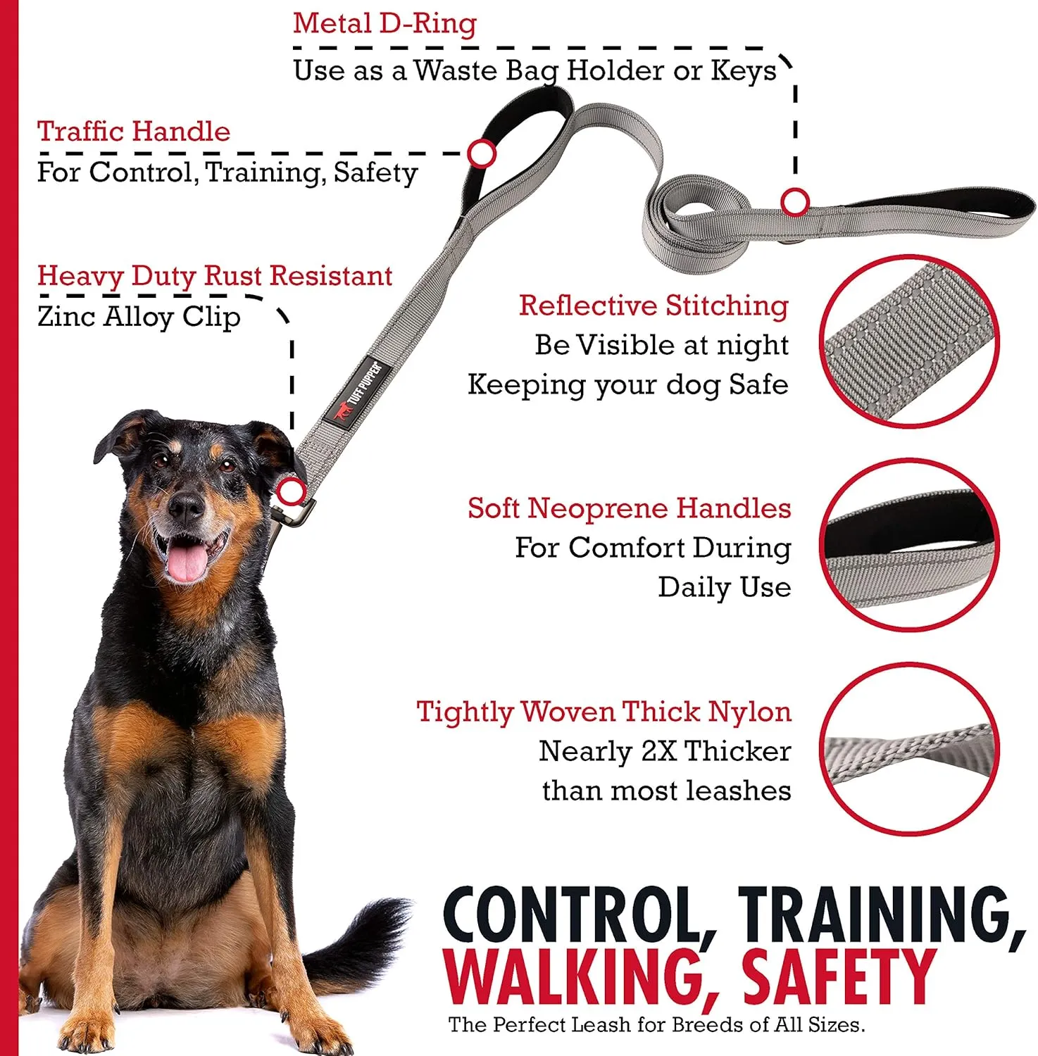 Tuff Pupper Heavy Duty Double Handle Leash | Twist Locking Carabiner Clip | Safety Lock for Strong Dogs | Reflective for Safe Night Walks | 6 Foot Leash | For Medium & Large Dogs
