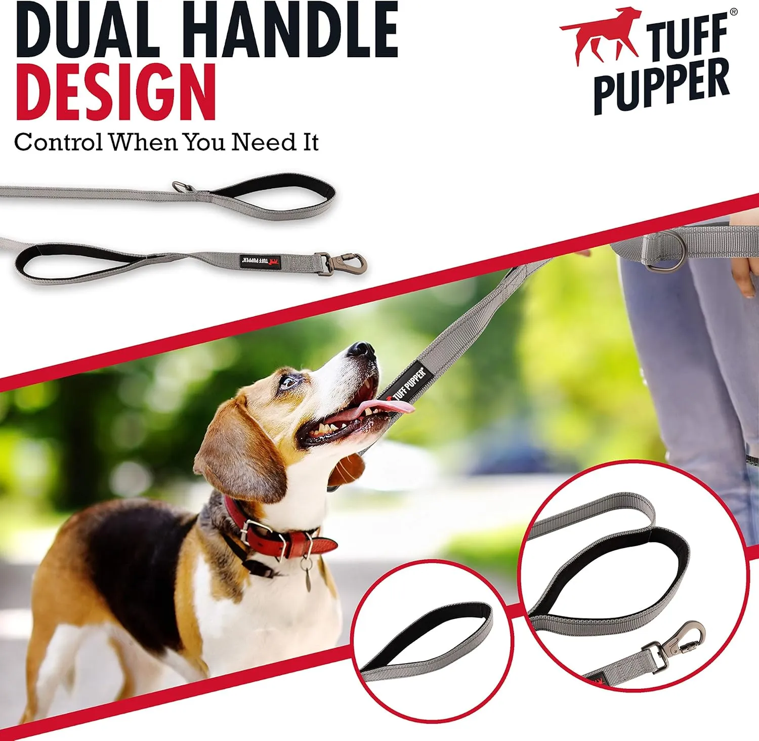 Tuff Pupper Heavy Duty Double Handle Leash | Twist Locking Carabiner Clip | Safety Lock for Strong Dogs | Reflective for Safe Night Walks | 6 Foot Leash | For Medium & Large Dogs