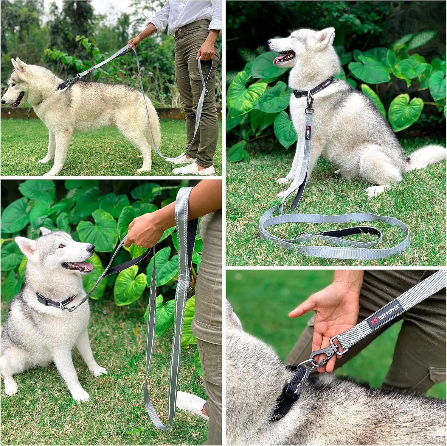 Tuff Pupper Heavy Duty Double Handle Leash | Twist Locking Carabiner Clip | Safety Lock for Strong Dogs | Reflective for Safe Night Walks | 6 Foot Leash | For Medium & Large Dogs
