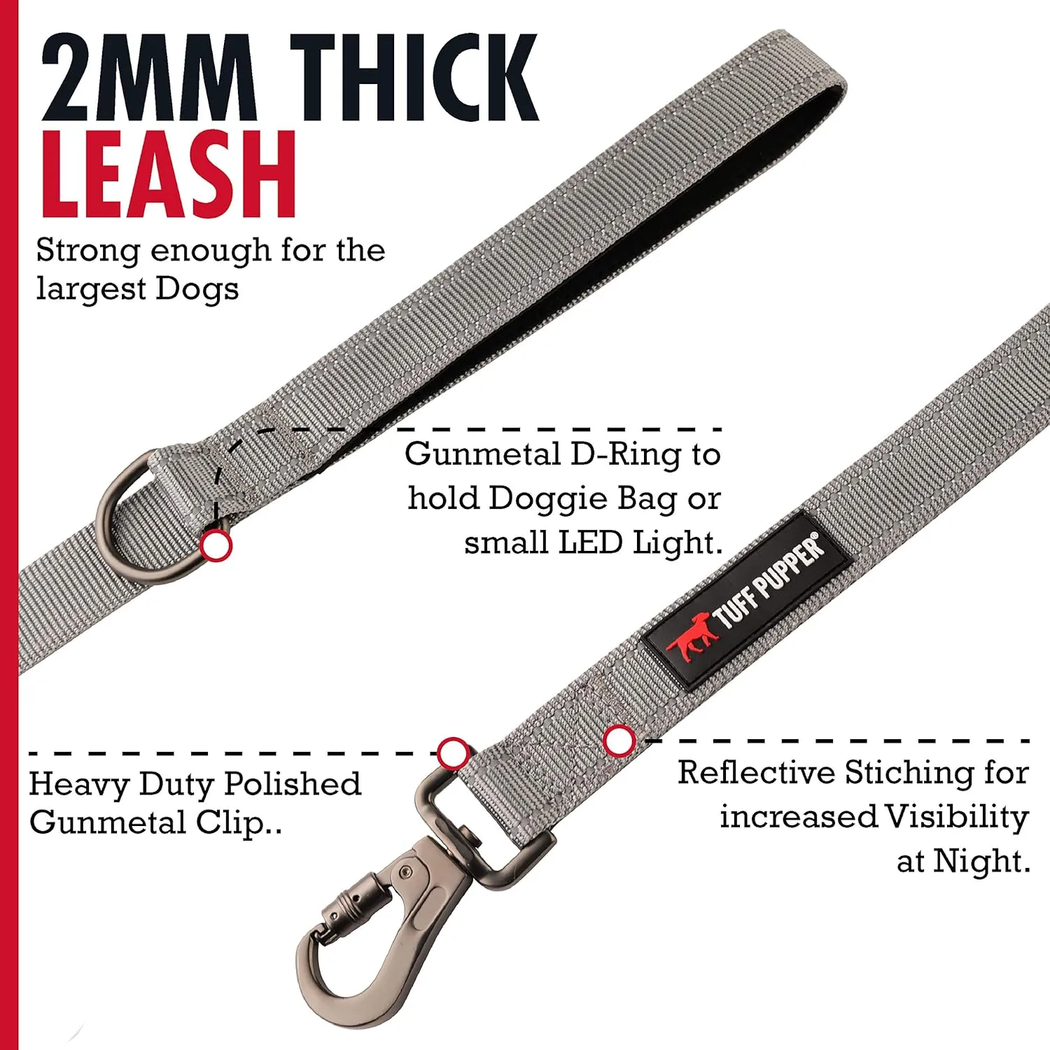 Tuff Pupper Heavy Duty Double Handle Leash | Twist Locking Carabiner Clip | Safety Lock for Strong Dogs | Reflective for Safe Night Walks | 6 Foot Leash | For Medium & Large Dogs