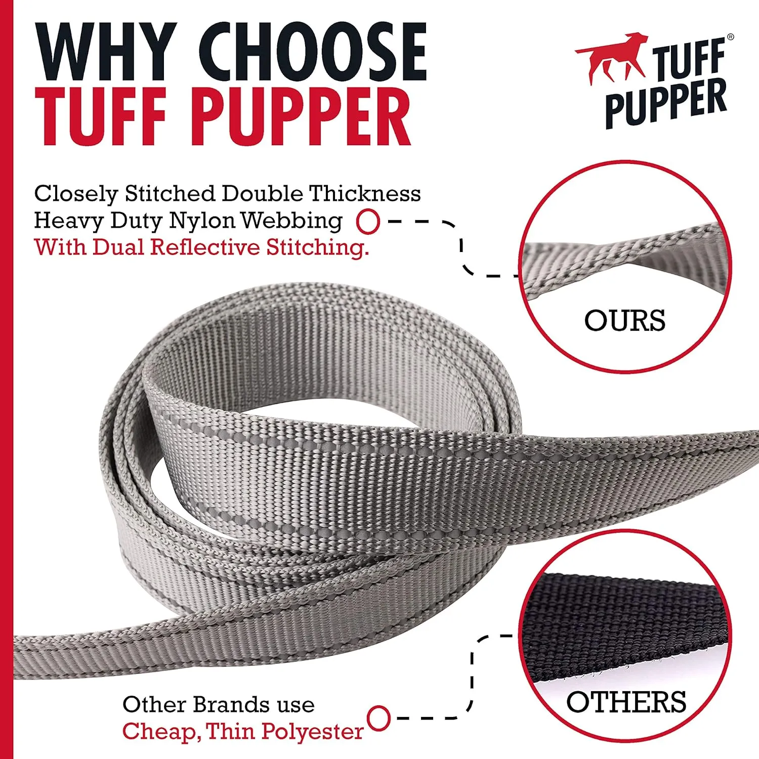 Tuff Pupper Heavy Duty Double Handle Leash | Twist Locking Carabiner Clip | Safety Lock for Strong Dogs | Reflective for Safe Night Walks | 6 Foot Leash | For Medium & Large Dogs