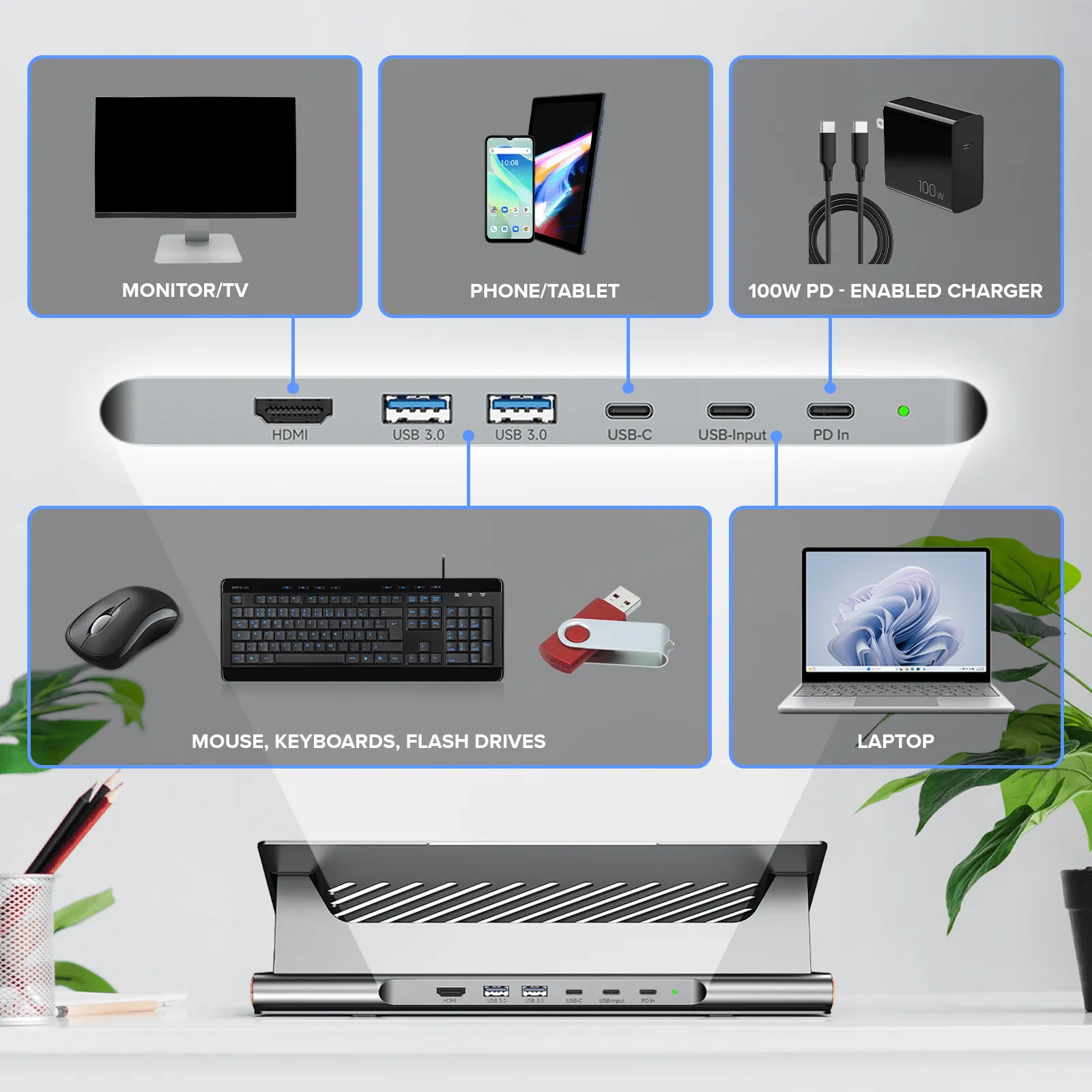 WinBridge Aluminum Alloy Laptop Stand with 6-in 1 USB C Hub for Desk, 4K HDMI, 2 USB 3.0, 100W PD Charging, Stable & Ventilated, Adjustable Height, Fits All MacBook, Laptops up to 15.6 inches
