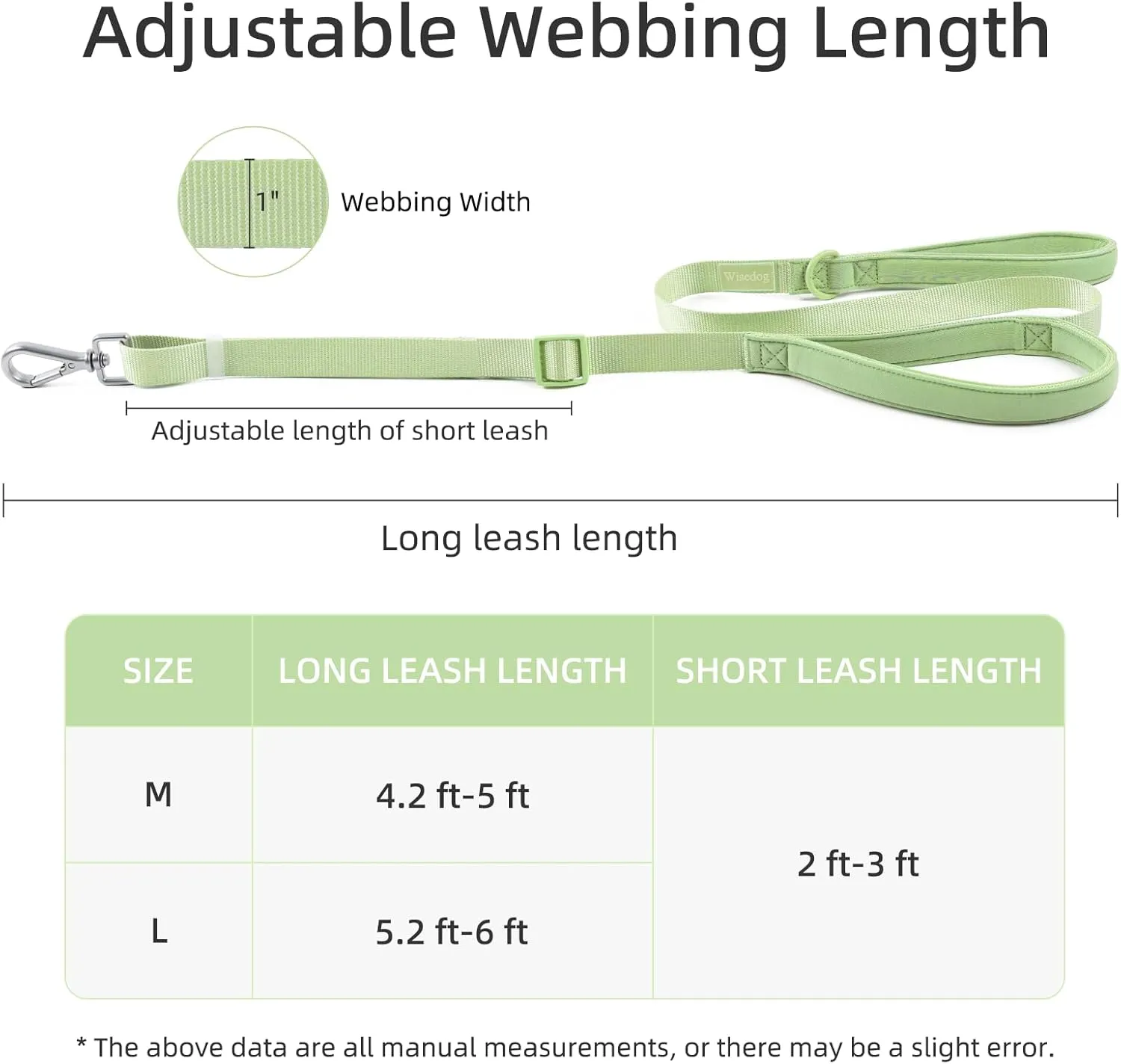 Wisedog Durable Two Handle Dog Leash: Dog Leash Heavy Duty with Dual Soft Padded Handles, Adjustable Length as Short Leash for Medium Large Dogs (Sage Green, L|5.2 ft-6 ft)
