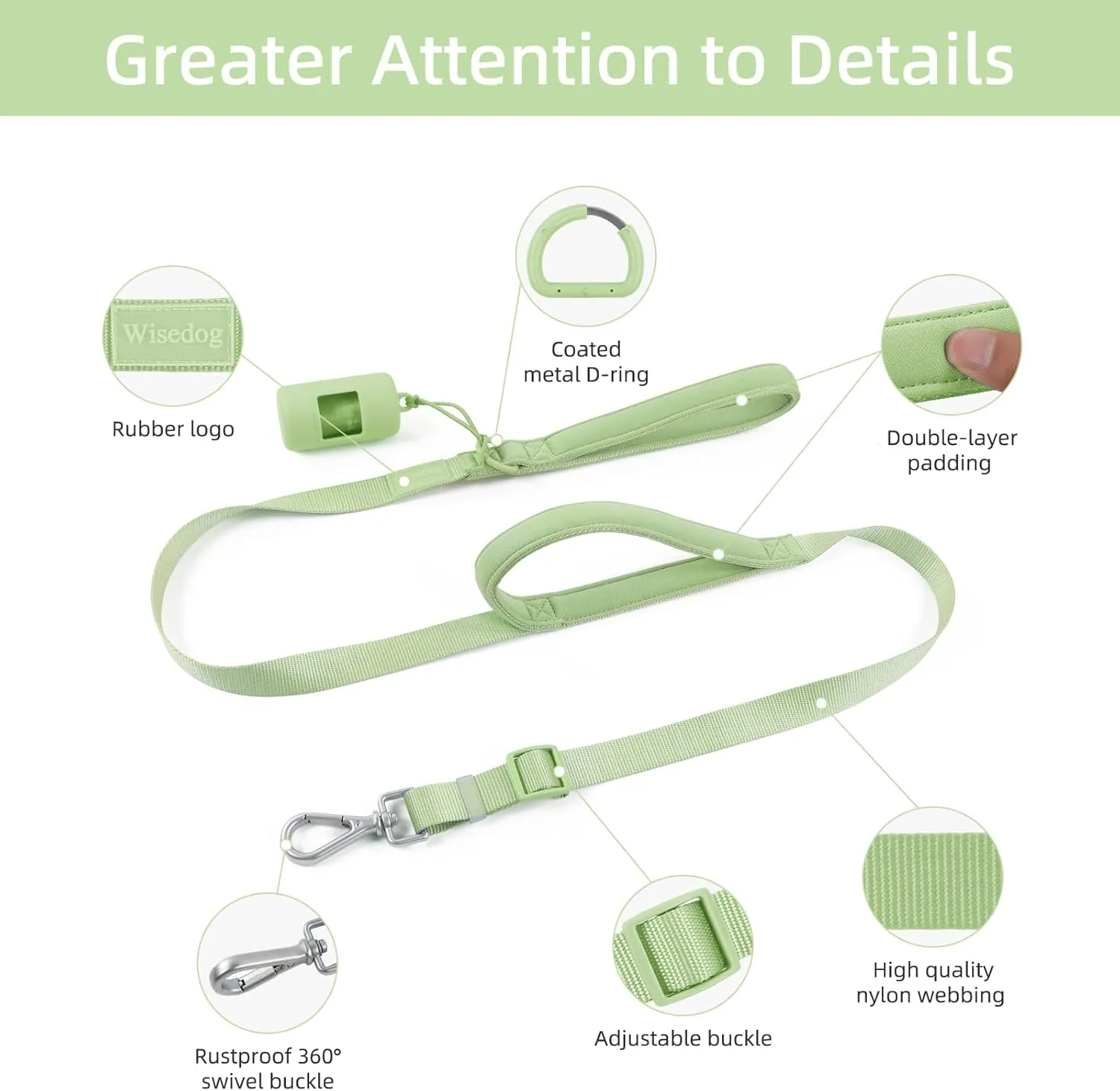 Wisedog Durable Two Handle Dog Leash: Dog Leash Heavy Duty with Dual Soft Padded Handles, Adjustable Length as Short Leash for Medium Large Dogs (Sage Green, L|5.2 ft-6 ft)
