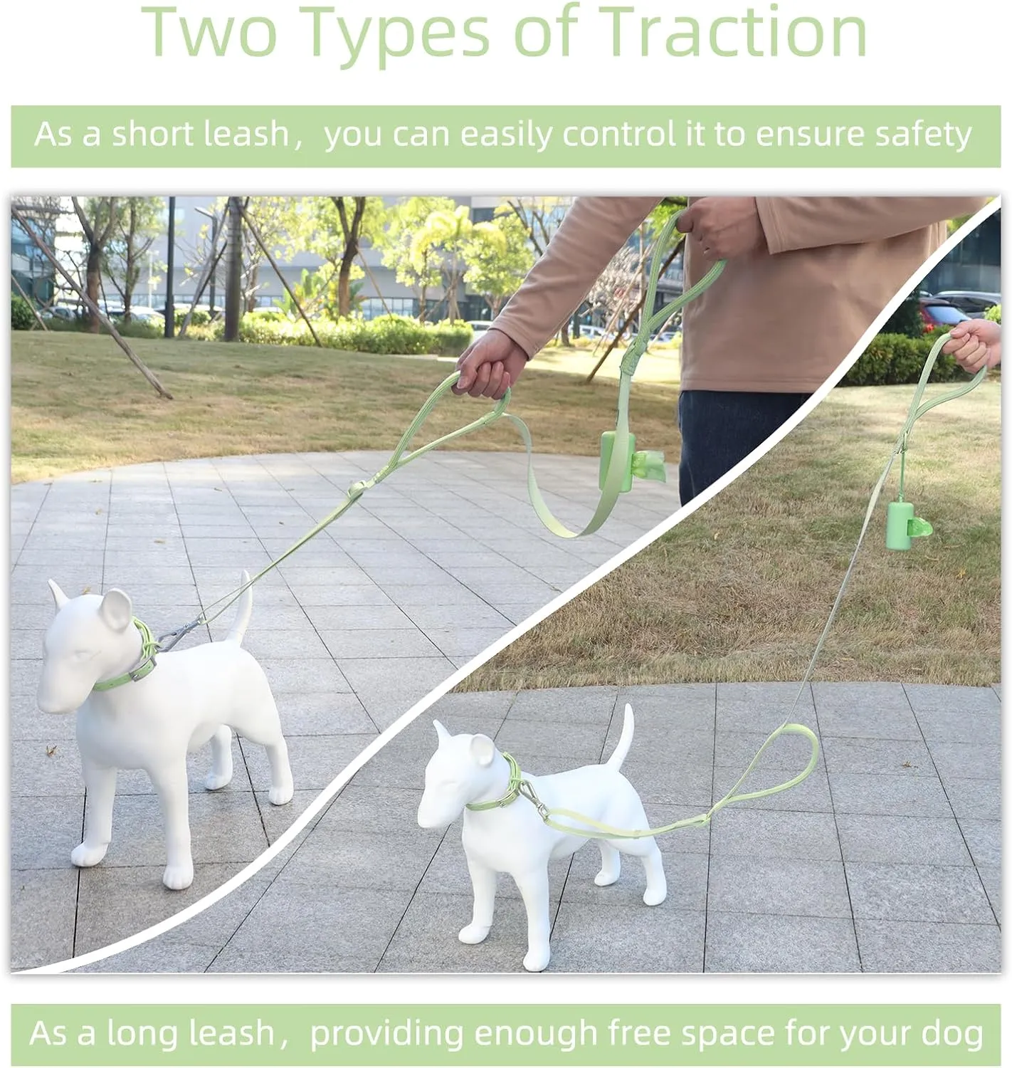 Wisedog Durable Two Handle Dog Leash: Dog Leash Heavy Duty with Dual Soft Padded Handles, Adjustable Length as Short Leash for Medium Large Dogs (Sage Green, L|5.2 ft-6 ft)