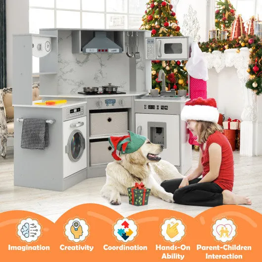Wooden Kids Play Kitchen Playset With Realistic Lights and Sounds-Gray