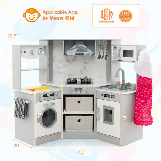 Wooden Kids Play Kitchen Playset With Realistic Lights and Sounds-Gray